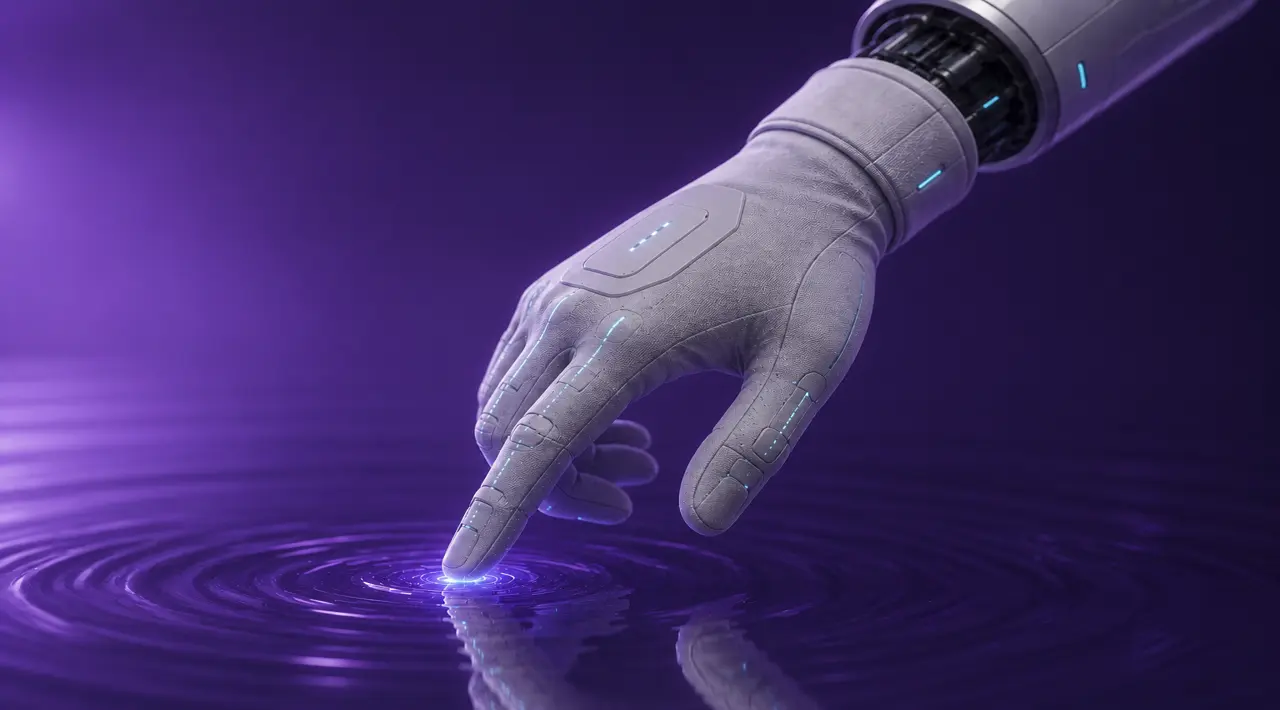 A robotic hand touching illuminated water